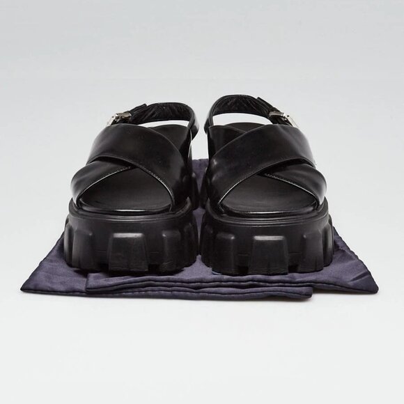 Prada Black Leather Monolith Chunky Sandals Size 7/37.5 - Picture 4 of 5